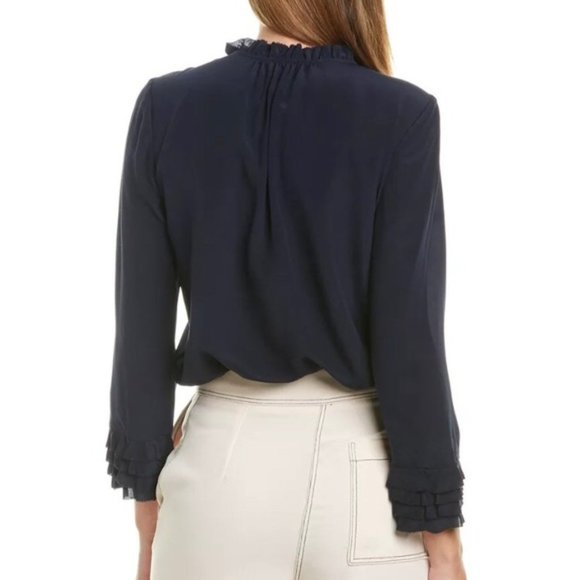 Rebecca Taylor Navy Silk Ruffle Blouse Size 8 - Picture 2 of 3